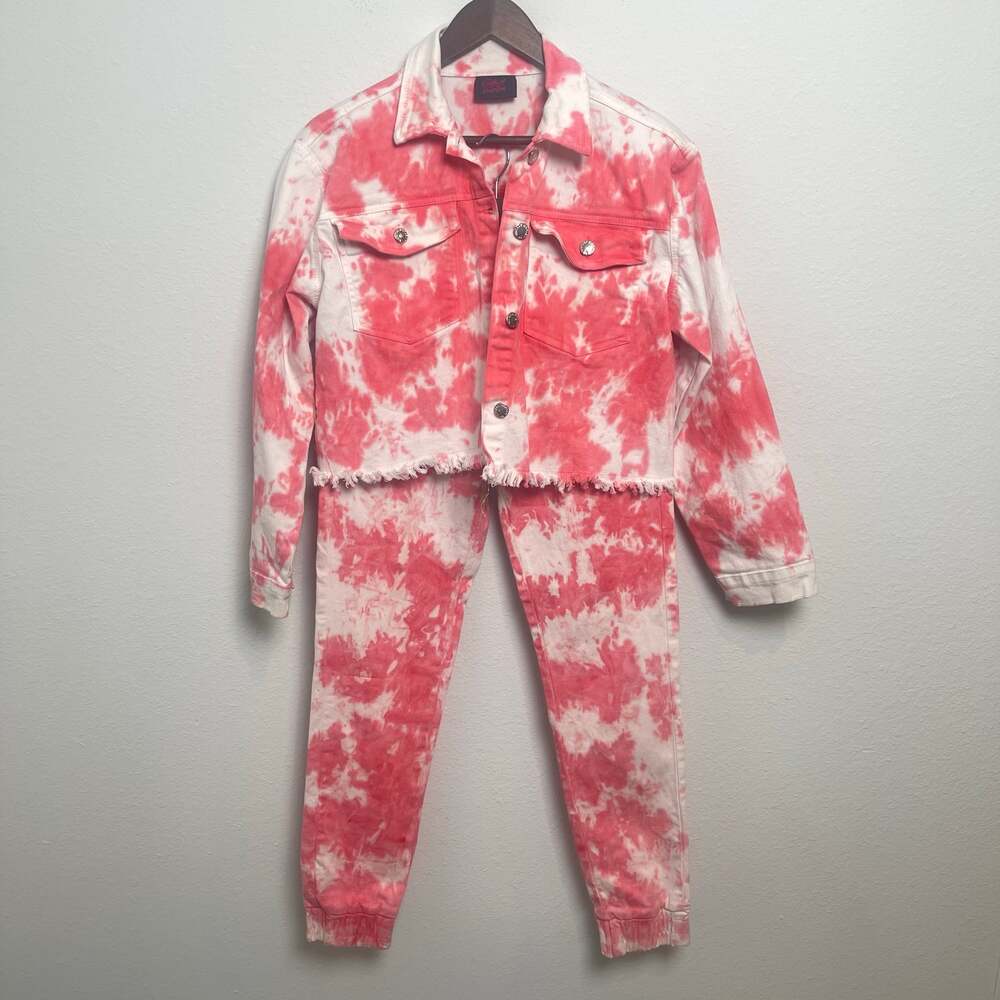 Vintage Harlem Pink Tie Dye Cropped Denim Jacket Jogger Pants Set Women’s Large